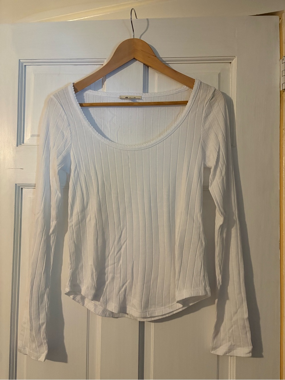Madewell White Ribbed Scoop-Neck Long Sleeve Top
